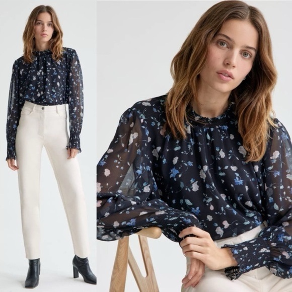 Wilfred Tops - Aritzia Wilfred Valencia Blouse Black Floral Smocked Puff Sleeve Top | sz small